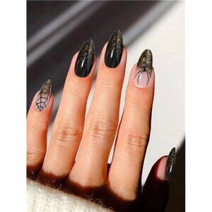 24-Piece Halloween Spider Web With Gold Glitter Press On Nails